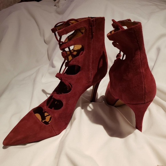 Booties Rust Wine Suede Lace Up Cage Gladiator Heels Sz 9.5 BIANCA DI - Picture 9 of 10